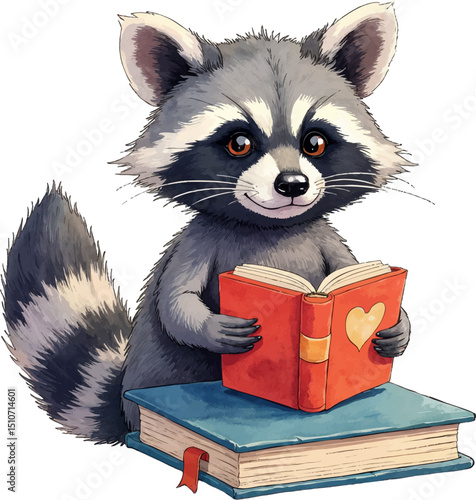 Watercolor illustration of a raccoon holding a book with an apple cover, perfect for Teacher's Day themes, kids illustration