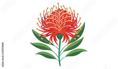 Stylized red pincushion flower with green leaves