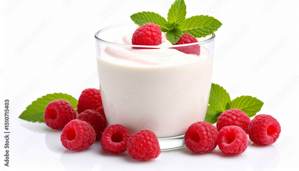 Raspberry Yogurt in Glass on White Background, Healthy Dairy Dessert Perfect for Adobe Stock Raspberry Yogurt in Glass on White Background, Healthy Dairy Dessert Perfect for Adobe Stock