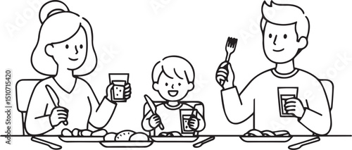 A simple line vector illustration of a family eating lunch together, isolated on a white background.