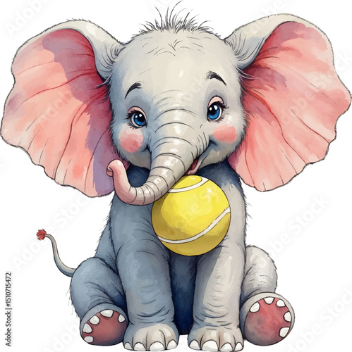 Baby elephant eagerly holding a tennis ball in a playful watercolor style illustration perfect for Sports Day themes, kids illustration
