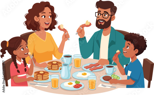 diverse family of four enjoying breakfast together, engaged in lively conversation.