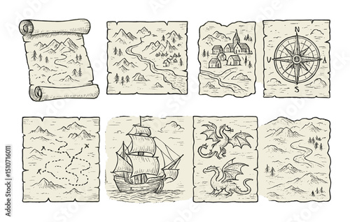 Medieval map icon set in linear style. cartography, exploration symbols