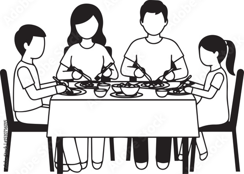 A simple black and white vector illustration of a family gathered around a table for a meal