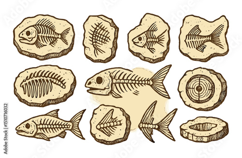 Fish skeleton silhouette icon set. fossils and paleontology symbols