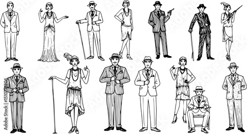 Vector art deco people set. Gatsby style set. Group of retro woman and man. design in 20's style. sketch style mafia and gangster