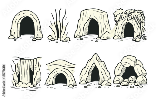 Cave entrances icon set in silhouette style. grotto and cavern entrance graphics