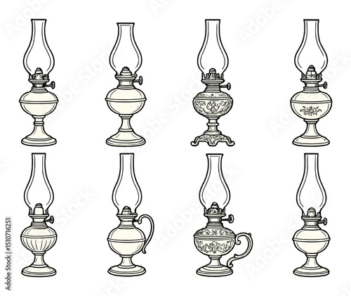 Vintage kerosene lamps silhouette icon set. antique and classic lighting designs
