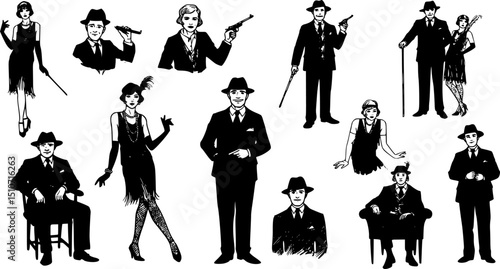 Vector art deco people set. Gatsby style set. Group of retro woman and man. design in 20's style. sketch style mafia and gangster