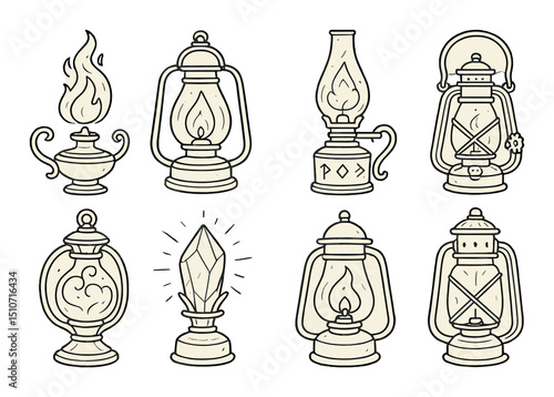 Fantasy kerosene lamps icon set in linear style. vintage and antique light symbols