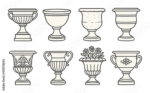 Garden urns icon set: elegant silhouette collection for landscape design