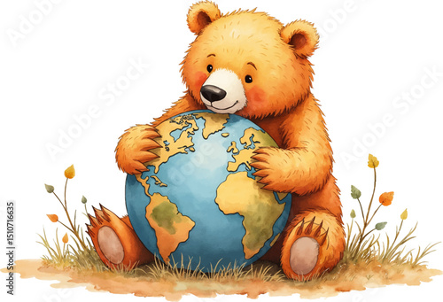 Bear embracing globe in warm tones conveys love for Earth and nature, ideal for Earth Day celebrations, kids illustration