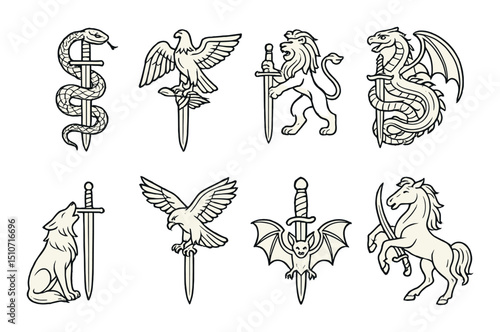 Animals and swords silhouette icon set. wildlife and weaponry symbols for design
