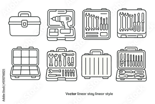 Tool cases icon set in linear style. organized toolbox and equipment symbols