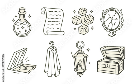 Enchanting tavern icon set in linear style. pub-themed and nightlife symbols