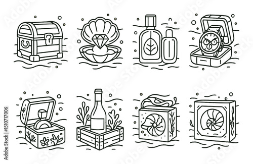 Luxury underwater gifts icon set in linear style. nautical treasures and marine themes