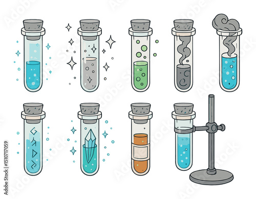 Potion and alchemy icon set in flat style. magical elixir and mystical symbols