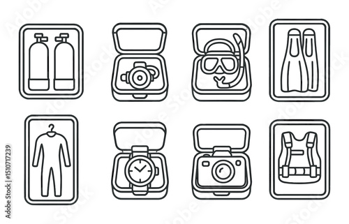 Dive gear icon set: linear style scuba, snorkeling, underwater equipment symbols