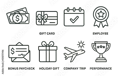Workplace bonus linear icon set. incentive and reward symbols for business recognition