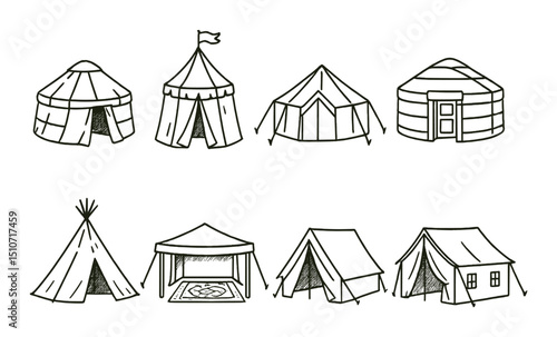 Historical tents icon set: silhouette style for camping and shelter symbols