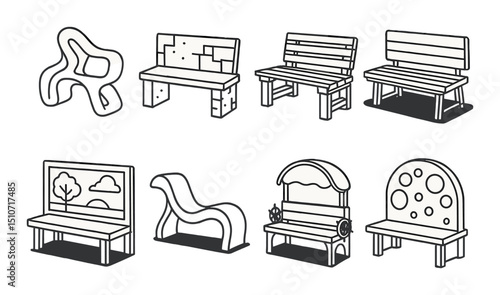 Creative bench designs icon set. flat style seating and park furniture symbols