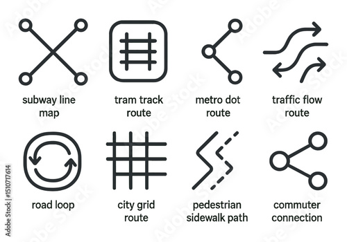 Urban transport icon set: linear style symbols for city transit and commuting paths