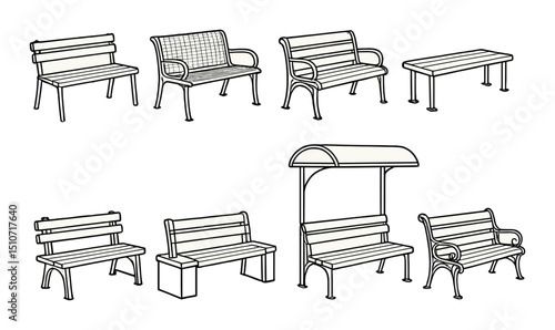 Park benches linear icon set. outdoor seating and garden furniture symbols
