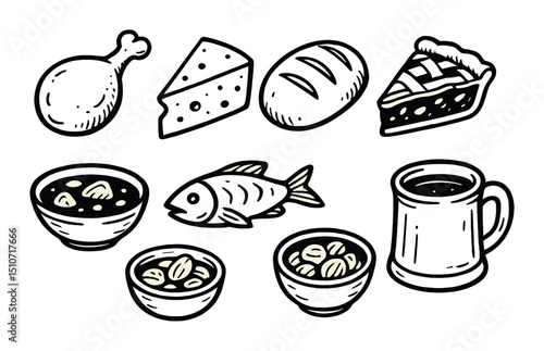 Tavern feast icon set in silhouette style. dining, cuisine, and food symbols