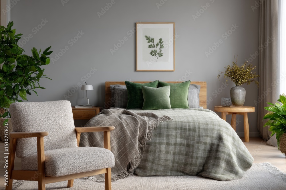 Fototapeta premium A neat and modern bedroom with a wooden bed frame, green pillows and blankets, decorative plants, and natural light streaming through the window.
