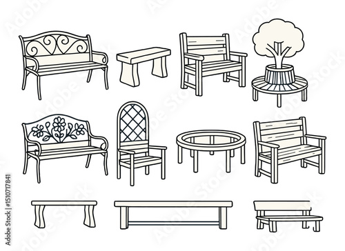 Garden bench silhouette icon set. outdoor seating and park furniture symbols