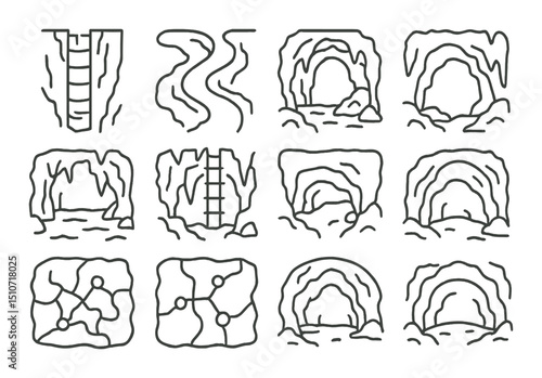 Cave exploration linear icon set. spelunking and caving symbols for outdoor adventures
