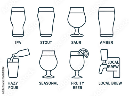 Craft beer linear style icon set: brewery, ipa, stout, and more beverage symbols