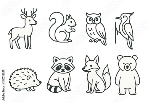 Woodland animal linear icon set. forest wildlife and nature symbols for design