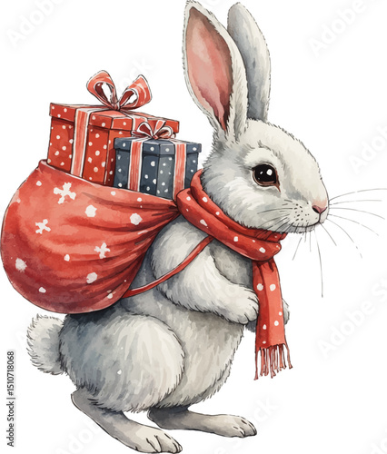 Bunny carrying sack of presents along snowy path creates a festive holiday spirit, kids illustration