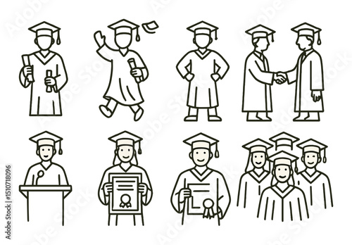 Graduation celebration icon set in linear style. ceremony and achievement graphics
