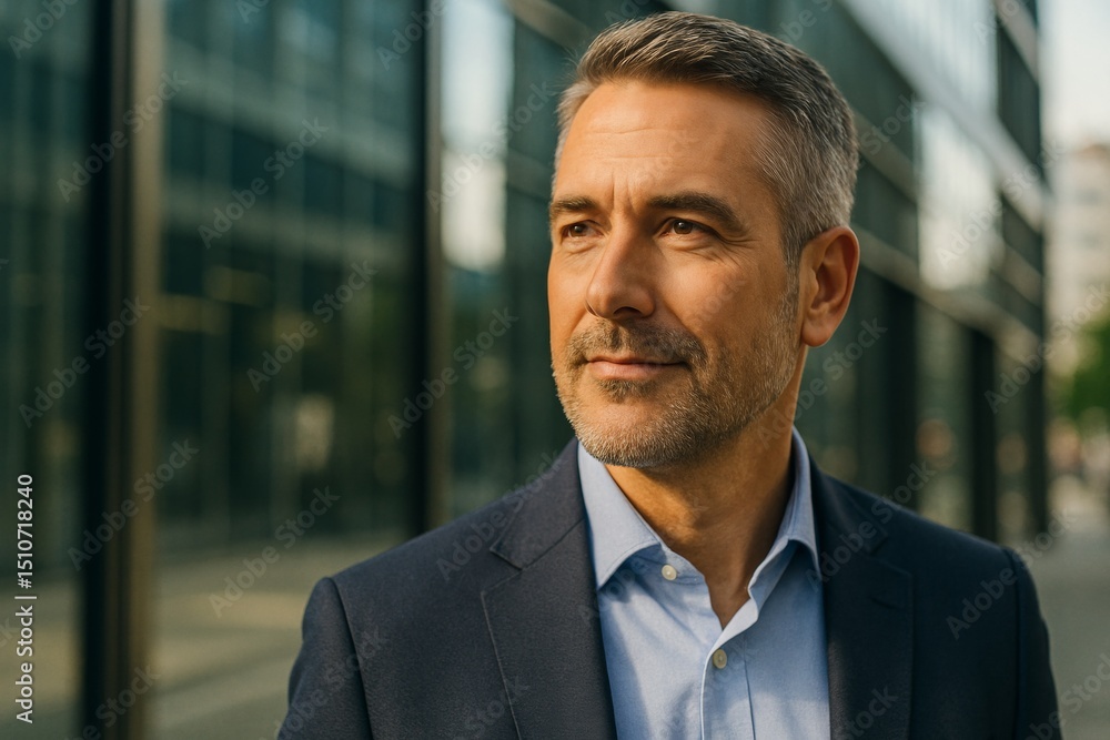 Fototapeta premium Portrait of a successful businessman wearing suit standing in front of modern office buildings while looking away and thinking about future at sunset