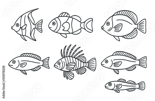 Tropical fish icon set in linear style. ocean and marine life symbols