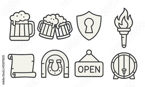 Tavern linear icon set. pub, bar, and alehouse symbols for themed design