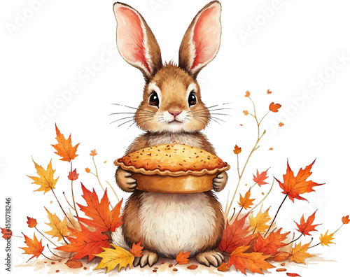 Bunny holding a warm pie surrounded by colorful autumn leaves in a cozy Thanksgiving setting, kids illustration