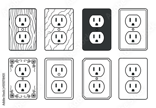 Decorative socket covers icon set in linear style. outlet design and wall plate symbols