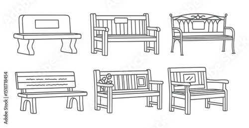 Commemorative bench silhouette icon set. memorial seating and park furniture symbols