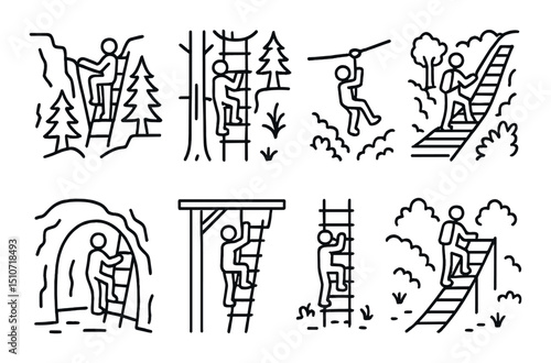 Adventure and exploration icon set: linear style climbing, hiking, and outdoor symbols