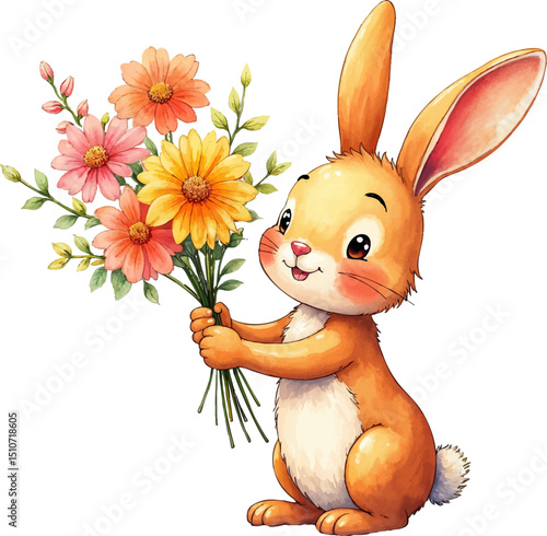 Bunny presents a cheerful flower bouquet in watercolor style for joyous Teacher's Day celebrations, kids illustration