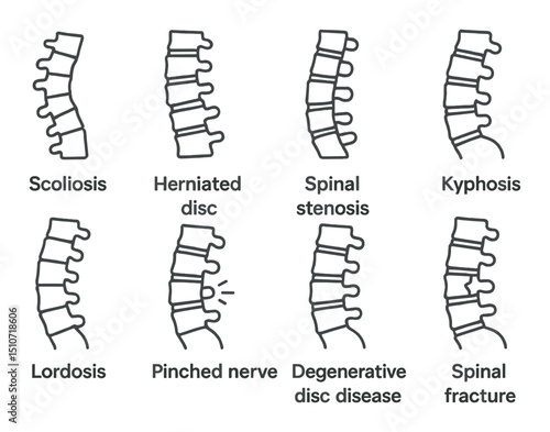 Spine disorders icon set in silhouette style: back pain and spinal health symbols