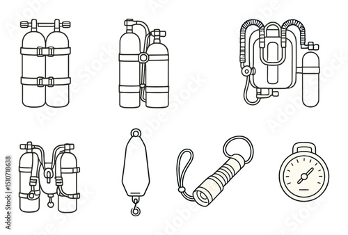 Technical diving gear icon set in linear style. scuba and underwater equipment symbols