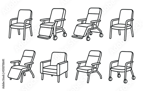 Healthcare seating icon set in linear style. medical chair and furniture symbols