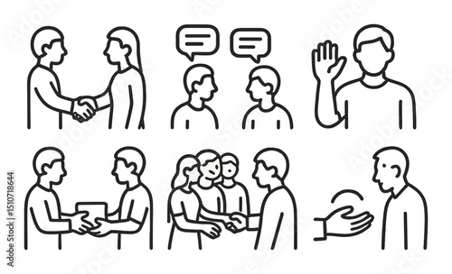 Human interaction linear icon set. communication and social connection symbols