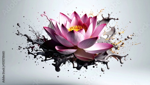 A vivid pink lotus blooms at the center of explosive black and gold paint splashes, blending natural beauty with artistic energy.