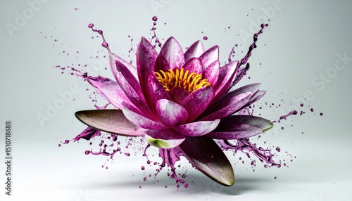 A vivid pink lotus flower bursts with dynamic purple splashes, blending botanical beauty and fluid motion on a minimalist background.