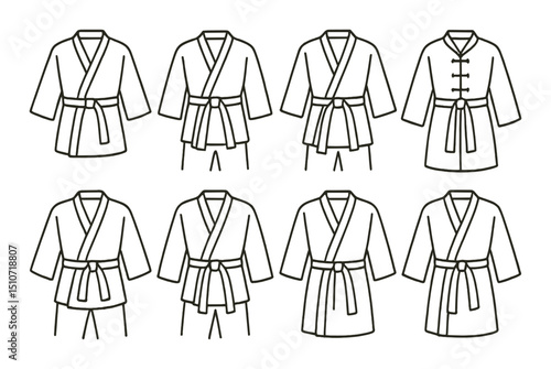Martial arts robes icon set in linear style. traditional uniform and attire symbols